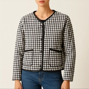 RNWY Quilted Gingham Jacket Black White Check Snap Front Pockets Contrast Trim M